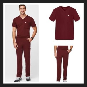 Figs Leon Three Pocket Scrub Top and Axim™ Cargo Scrub Pant Burgundy Set